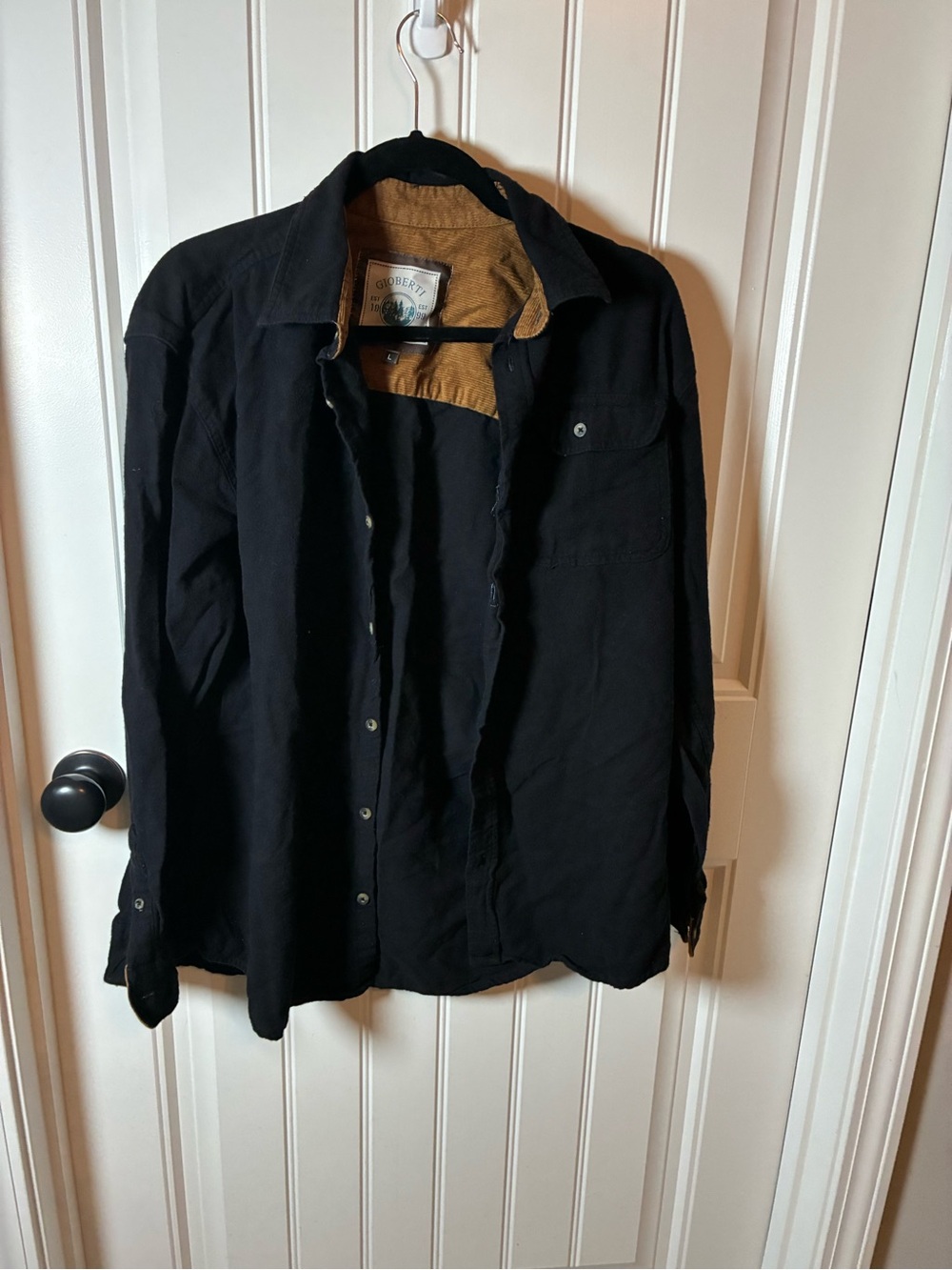 Men's Black Lightweight Shirt Jacket with Contrasting Tan Lining Size Large